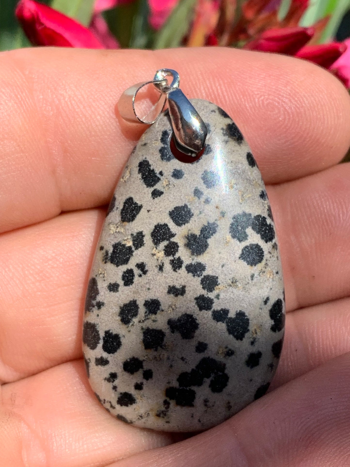 Jaspe Dalmatien, pendentif de 54mm de ht x26 x10. Vendu avec un cordon réglable de couleur noire !