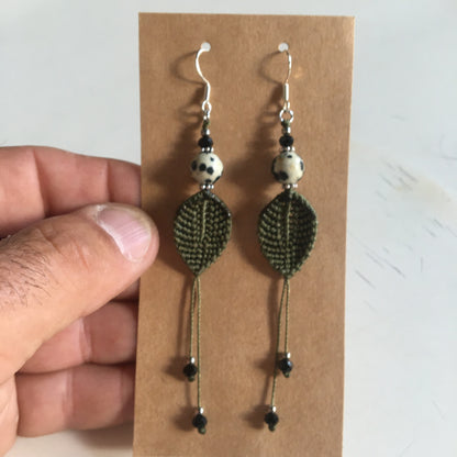 Woven textile earrings with a semi-precious stone bead. Made by the designer "Créatipik", finished in Silver, Silver Tone, or Gold. Choose your stone and receive a pair of unique earrings! Beautifully finished!