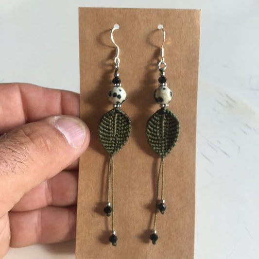Woven textile earrings with a semi-precious stone bead. Made by the designer "Créatipik", finished in Silver, Silver Tone, or Gold. Choose your stone and receive a pair of unique earrings! Beautifully finished!