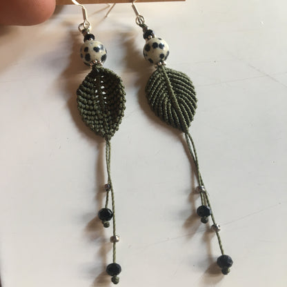 Woven textile earrings with a semi-precious stone bead. Made by the designer "Créatipik", finished in Silver, Silver Tone, or Gold. Choose your stone and receive a pair of unique earrings! Beautifully finished!