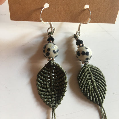 Woven textile earrings with a semi-precious stone bead. Made by the designer "Créatipik", finished in Silver, Silver Tone, or Gold. Choose your stone and receive a pair of unique earrings! Beautifully finished!