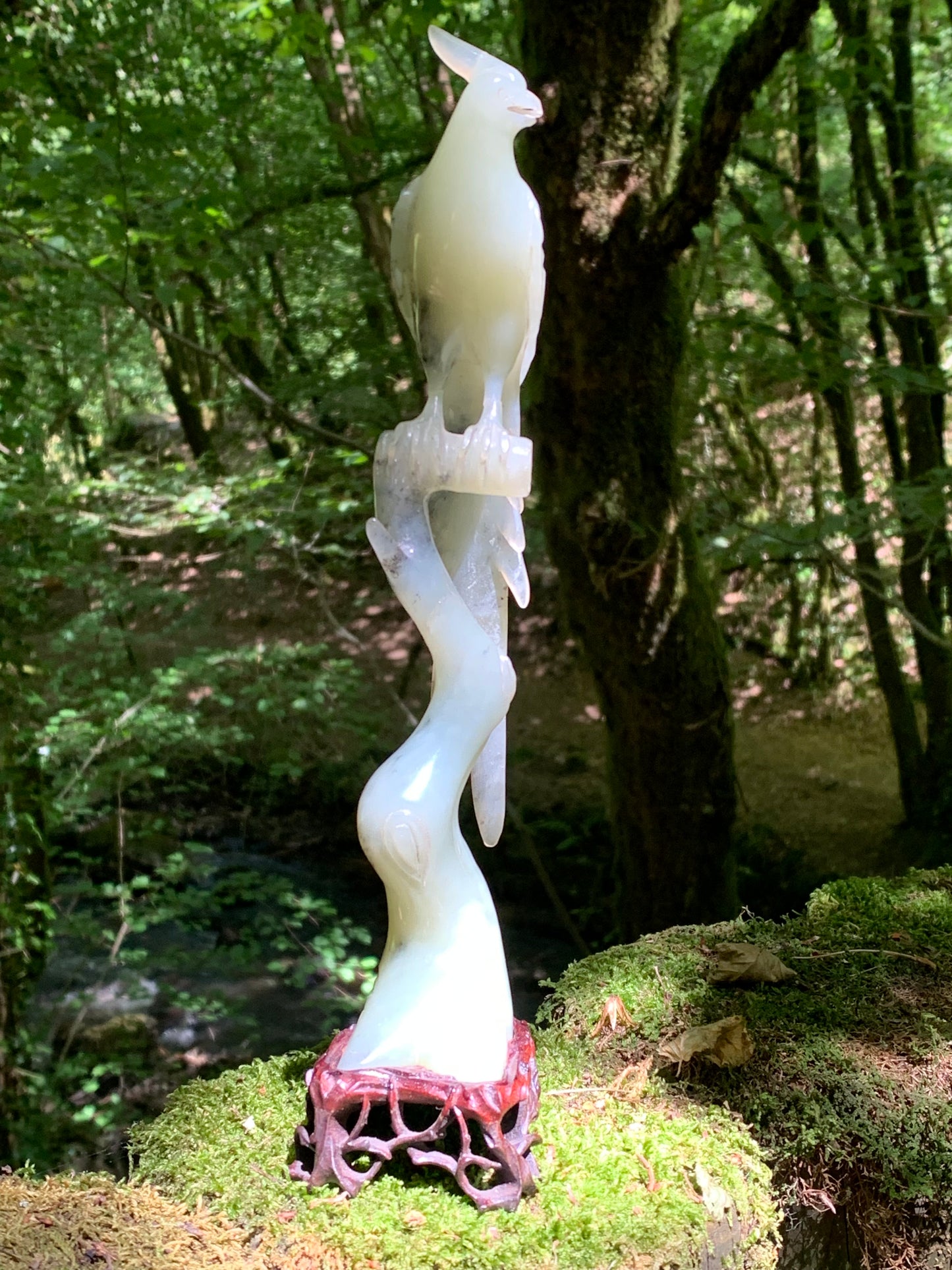 Jadéite, sculpture de Paon/ Faisan sur tronc. Sculpté à la main et base en bois ajouré. 28 centimètres de haut x 8 x 6,5. Période 20ème siécle, objet d'art rare, superbe et précieux !