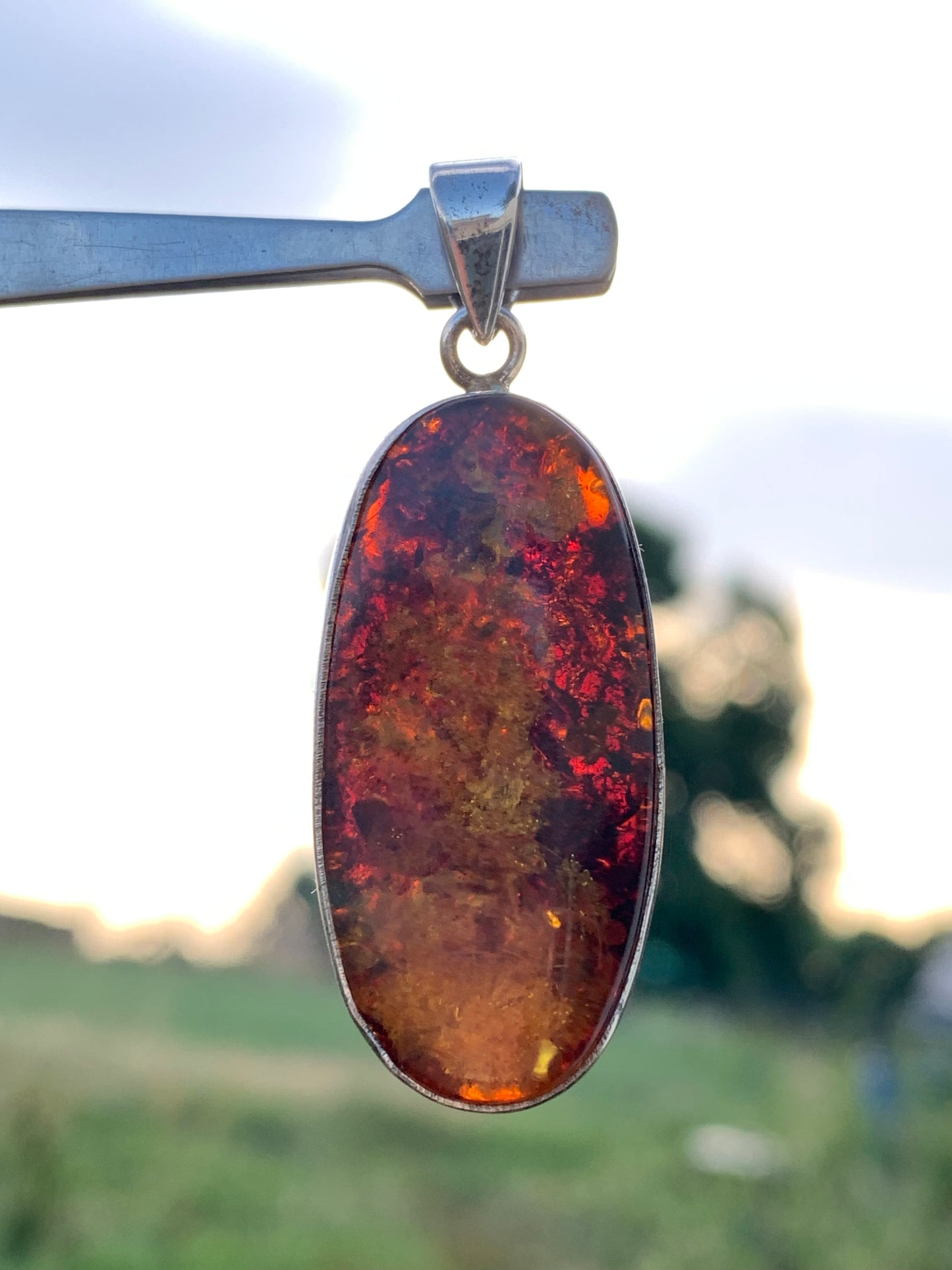 Amber, silver pendant measuring 52 x 18 x 6 mm / 6.3 grams, sold with a sliding black cord measuring 40 to 70 cm!