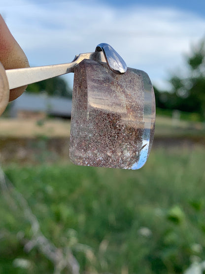 Rock crystal/ Lodolite quartz, Shaman quartz or garden quartz! Silver pendant, 36 mm high x 24 x 10 - 14.8 gr. Sold with adjustable black cord!