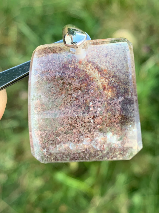 Rock crystal/ Lodolite quartz, Shaman quartz or garden quartz! Silver pendant, 36 mm high x 24 x 10 - 14.8 gr. Sold with adjustable black cord!
