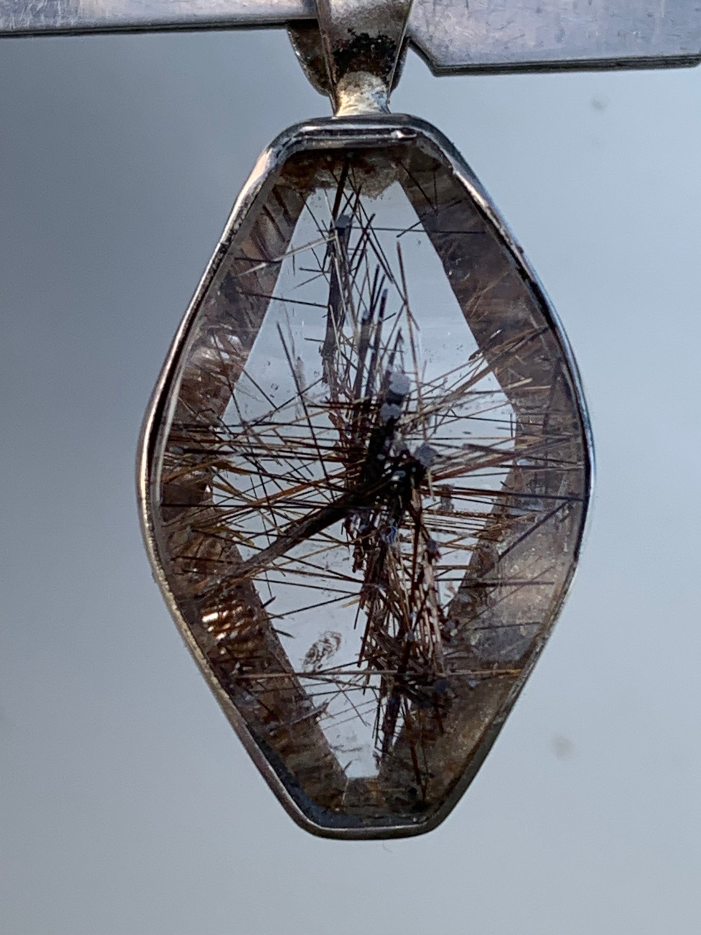 Rock crystal (quartz), with tourmaline inclusions! Silver pendant, 38 mm high x 16 x 8 - 8.3 grams. Sold with an adjustable black cord!