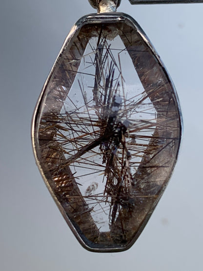 Rock crystal (quartz), with tourmaline inclusions! Silver pendant, 38 mm high x 16 x 8 - 8.3 grams. Sold with an adjustable black cord!