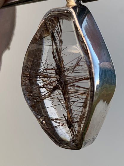 Rock crystal (quartz), with tourmaline inclusions! Silver pendant, 38 mm high x 16 x 8 - 8.3 grams. Sold with an adjustable black cord!