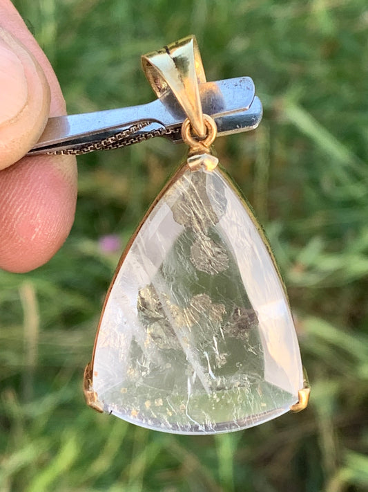 Rock crystal/quartz with Marcasite inclusion! Gold-plated 925 silver pendant, 50mm high x 30 x 12 - 17 gr., sold with adjustable black cord!