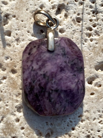 Charoite, 35mm x 20x 7mm drilled cabochon pendant. Sold with adjustable black cord!