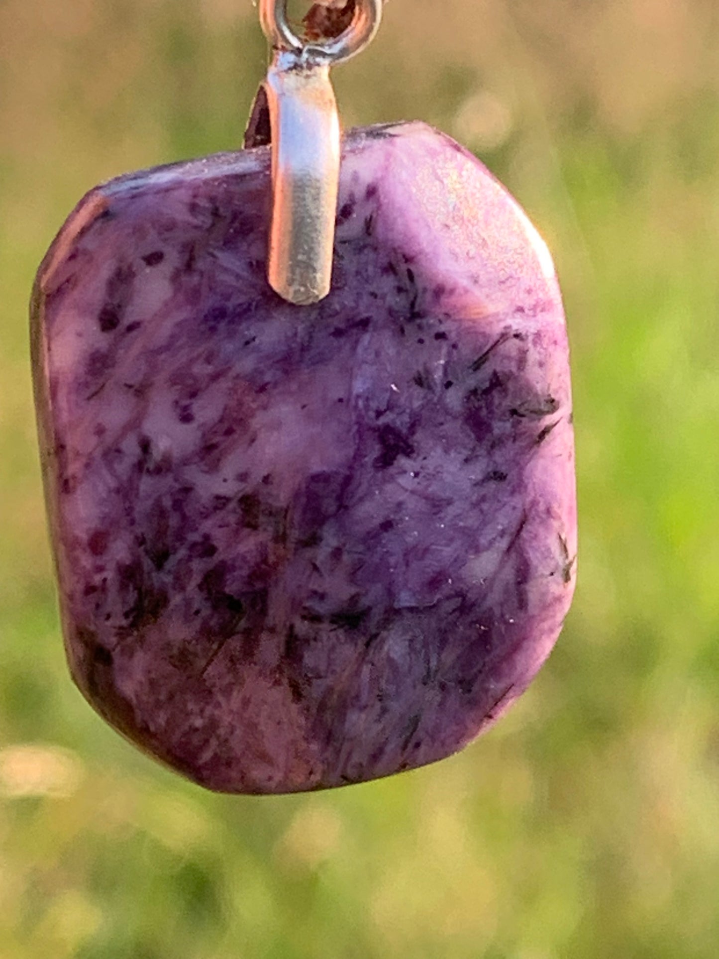 Charoite, 35mm x 20x 7mm drilled cabochon pendant. Sold with adjustable black cord!