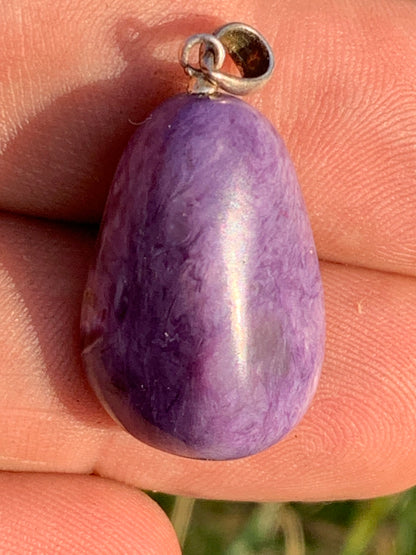 Charoite, pendant with silver clasp, 30mm x 16 x 10. Sold with adjustable black cord!