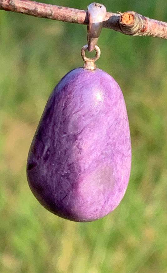 Charoite, pendant with silver clasp, 30mm x 16 x 10. Sold with adjustable black cord!