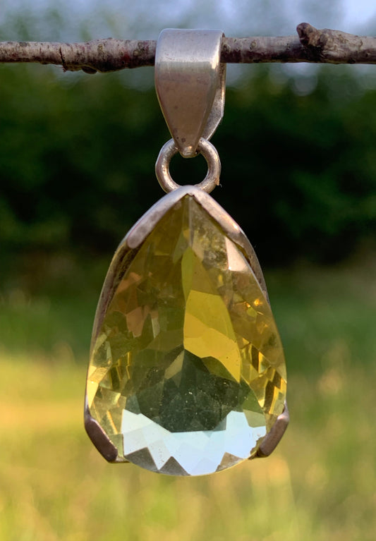 Rock crystal/Lemon quartz, solid silver pendant, 42mm high x 20 x 12. Sold with adjustable cord, ready to wear!