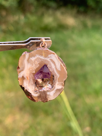 Amethyst and Agate, 'mini-geode' pendant called 'geodinhos', 35mm high x 23 x 15. Sold with free adjustable black cord!