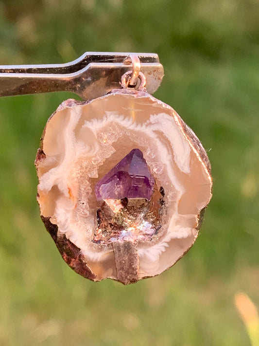 Amethyst and Agate, 'mini-geode' pendant called 'geodinhos', 35mm high x 23 x 15. Sold with free adjustable black cord!