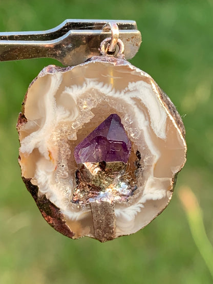 Amethyst and Agate, 'mini-geode' pendant called 'geodinhos', 35mm high x 23 x 15. Sold with free adjustable black cord!