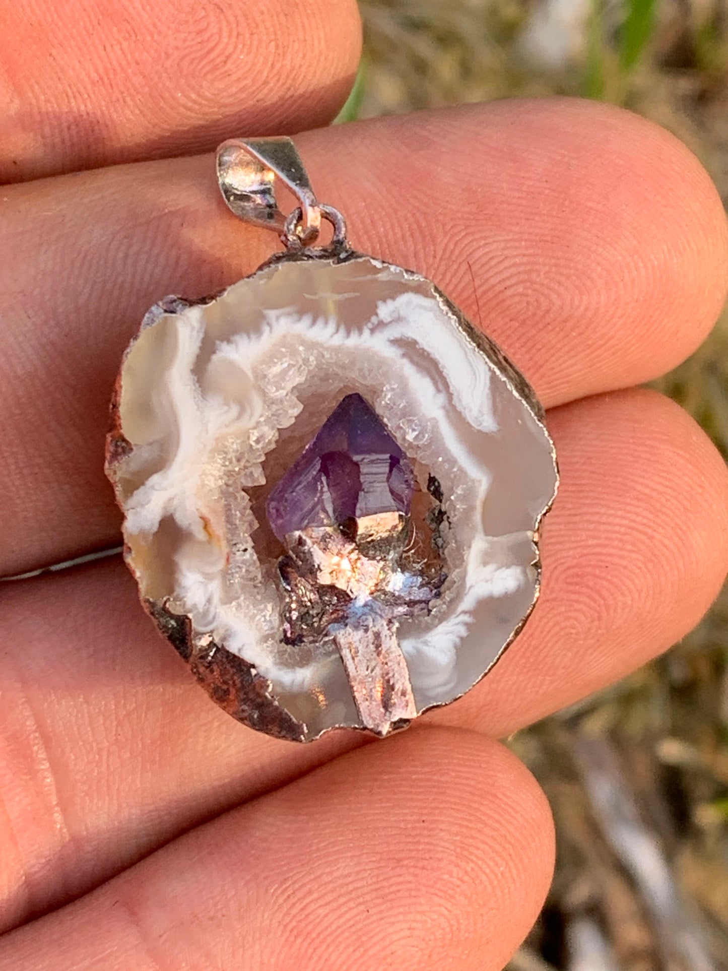 Amethyst and Agate, 'mini-geode' pendant called 'geodinhos', 35mm high x 23 x 15. Sold with free adjustable black cord!