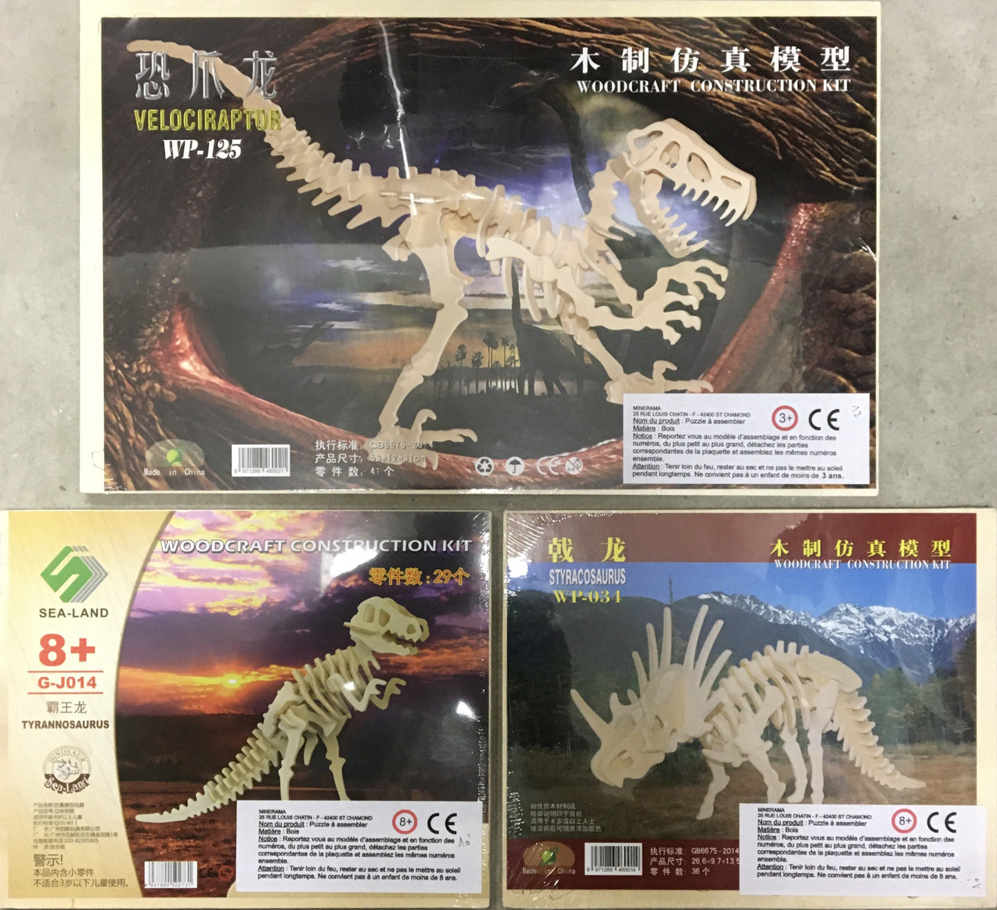 Dinosaure (Velociraptor - Tyrannosaurus - Styracosaurus), maquette en bois, de 15 à 20 cm. Parfait pour collection, exposition...