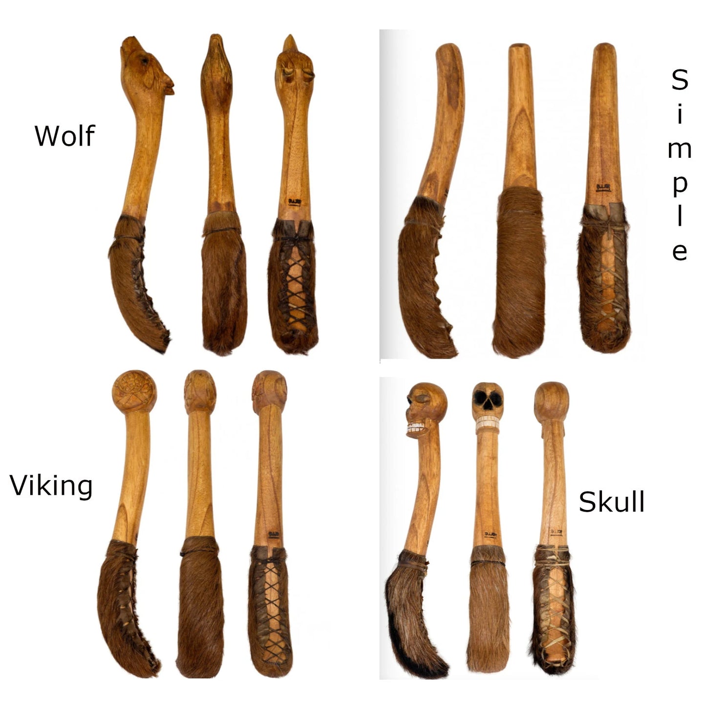 A selection of mallets for shamanic drums, models with sculptures and heads covered in leather! Produces a dry and short sound!