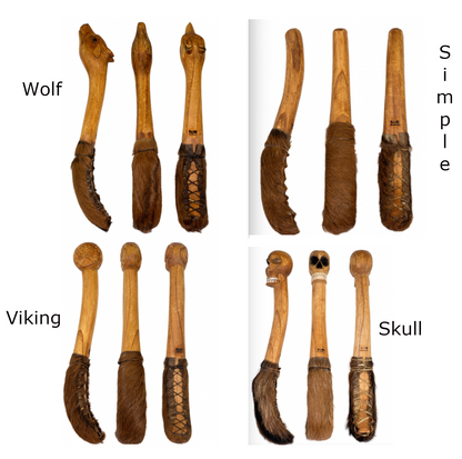 A selection of mallets for shamanic drums, models with sculptures and heads covered in leather! Produces a dry and short sound!