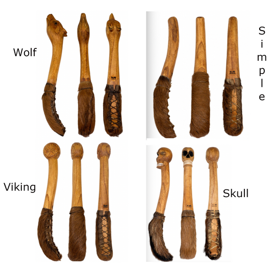A selection of mallets for shamanic drums, models with sculptures and heads covered in leather! Produces a dry and short sound!