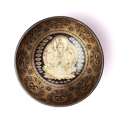 7-metal bowl with 'Lakshmi' engraving, measuring 22/24 centimeters - approximately 1400/1600 grams. Sold with a matching mallet! Magnificent piece, handmade in Nepal!