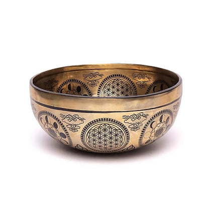 Bowl in 7 metals with engraving of the 'Flower of Life', size 22/24 centimeters - approximately +/- 1400/1600 grams. Sold with a suitable mallet! Magnificent piece 'handmade' in Nepal!