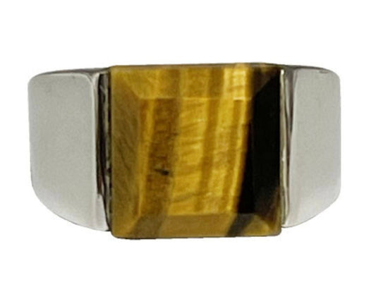 Bague/ chevalière en Œil de tigre, en Argent 0.925. Superbe pierre aux reflets irisés ! Taille de 60 à 74 Fr.