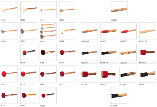 A selection of various mallets, over 30 models at a glance! For singing bowls, gongs, and more, several models and sizes to choose from!