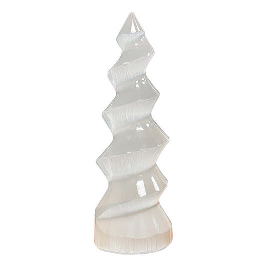 Sélénite - Tourelle taillée en spirale de 150mm de haut !