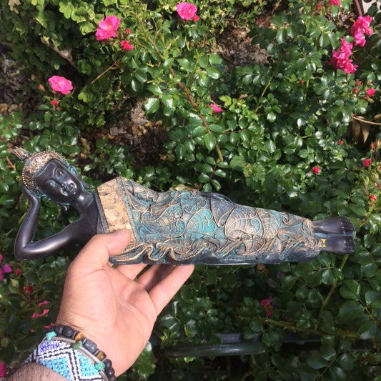 Reclining Buddha measuring 36x9x11cm. The textile and cork (wood) covering is very detailed. A sacred Buddhist deity! High quality, perfect for a meditation room, altar, collection, or exhibition. 