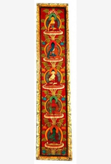 Thangka/ panneau en bois de 91 x 20 centimètres, incroyable conception dans un cadre en bois de pin, avec les 5 Bouddhas !