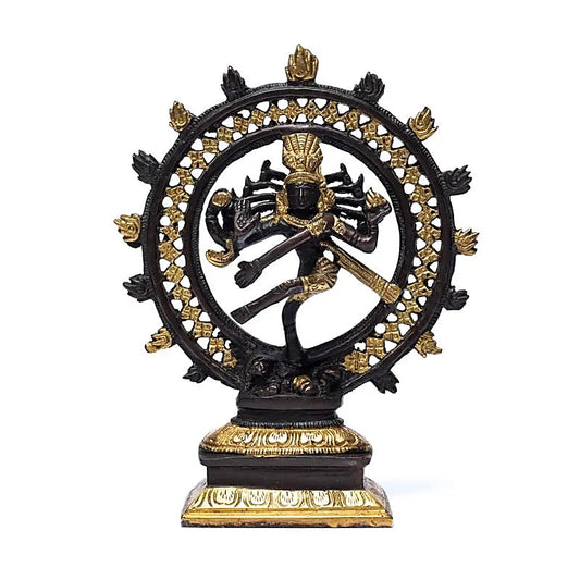 Brass Shiva Nataraj with double ring, 15, 20, or 27 cm, your choice. A Hindu deity, Shiva is the destroyer of all evil and is often depicted holding a trident. Shiva is Parvati's husband, and their son is Ganesh!