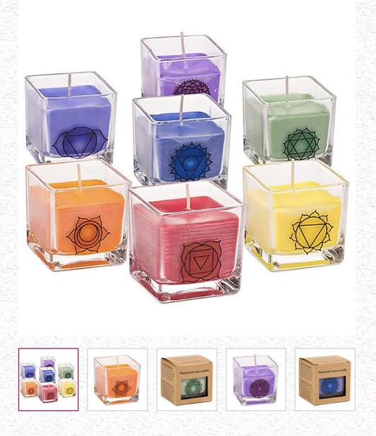 Bougies en cire de colza, set des '7 chakras' en pot, 25 minutes de temps de combustion - 6x6x6 centimètres - 88 grammes par pot !