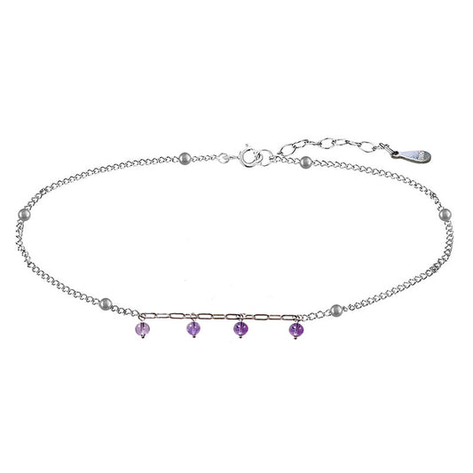 22 cm 0.925 silver anklet, decorated with a 3 cm extension chain and 6 2 mm silver beads, as well as 4 4 mm amethyst beads.