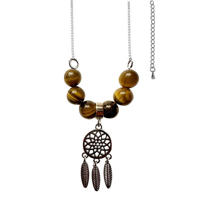Chaîne avec chaînette de rallonge de 41,5 centimètres, en bronze galvanisé, ornée d'un pendentif attrape rêve et de 6 perles de 6 milimètres en pierres ! Disponible en Améthyste, labradorite, oeil de tigre !