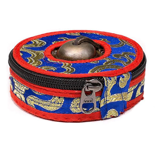 Brocade cover for small Tibetan cymbal (Tingsha), 2 sizes: 7.5 and 9 cm - 2 colors to choose from: blue or yellow. Very practical for protecting these sacred instruments!