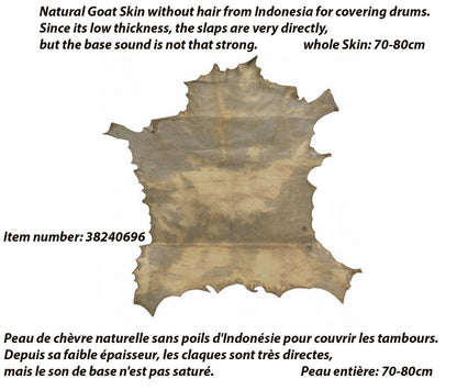 Peaux de chèvre, finition tannée, ronde ou entière, disponible de 30 à 80 centimètres, très bonne qualité, parfait pour vos ateliers de créations, restauration de tambours, djembé... !