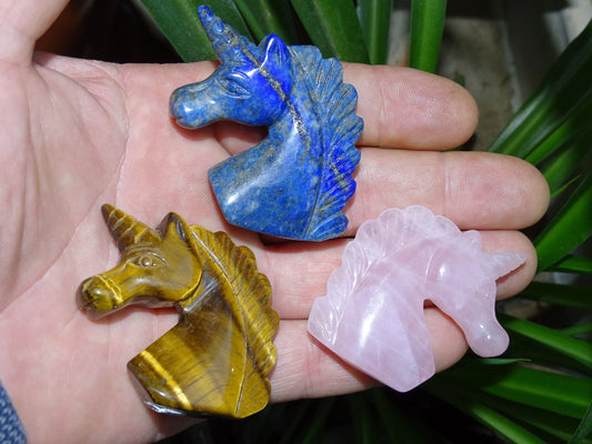 Unicorn stone selection, choice of: Crystal Quartz / Rose Quartz / Lapis Lazuli. 45 mm high x 45 x 15 / 38 grams. Beautifully finished, superb pieces!