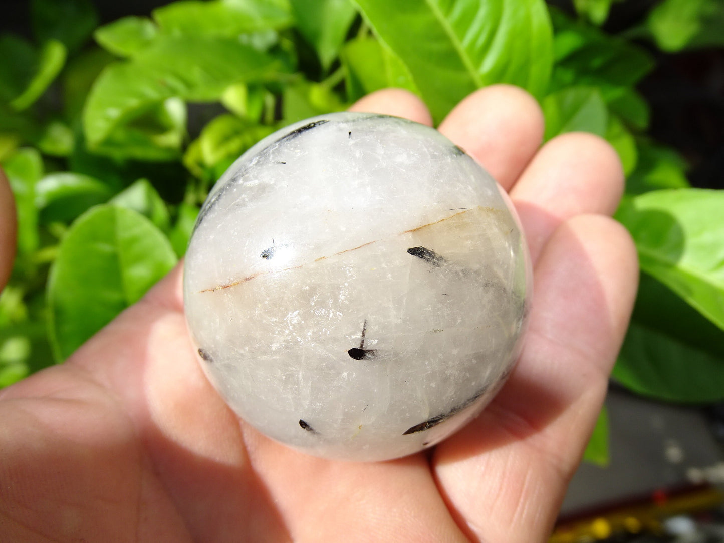 Sphères de Cristal/ Quartz avec inclusions de tourmaline noire, de 46 et 52 millimètres - 136 et 196 grammes. une pierre surprenante !