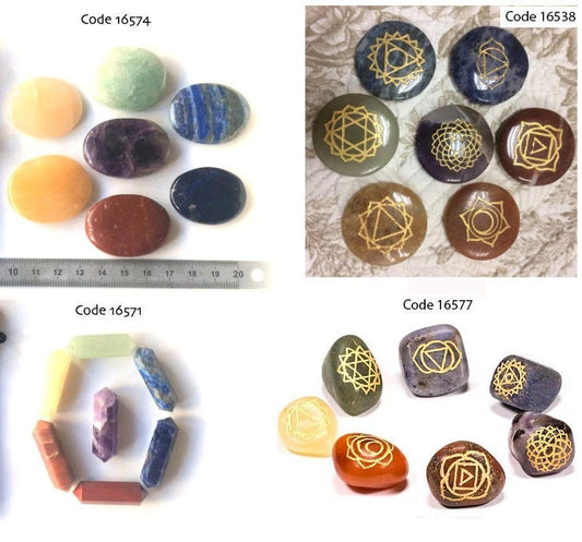 A selection of 7 chakra kits, available in 4 styles: pebbles, points, engraved, or smooth. Perfect for lithotherapy, gifts, and collections... perfect!