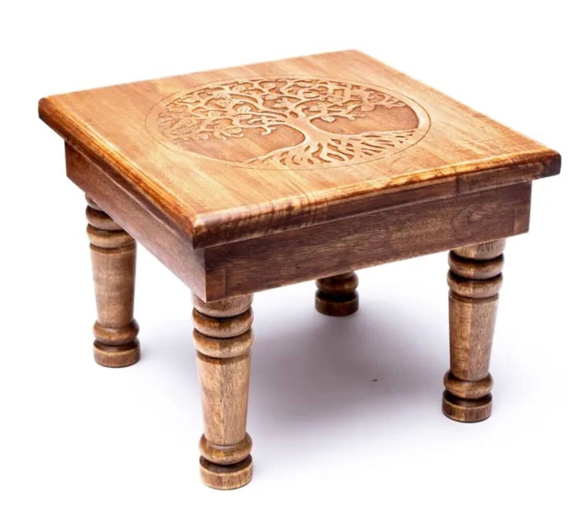 Table d'appoint/ Autel, en bois d'acacia avec motifs 'Fleur ou Arbre de vie', 30x30x23 cm/ 2250gr. - Haute qualité des garvures de symboles !