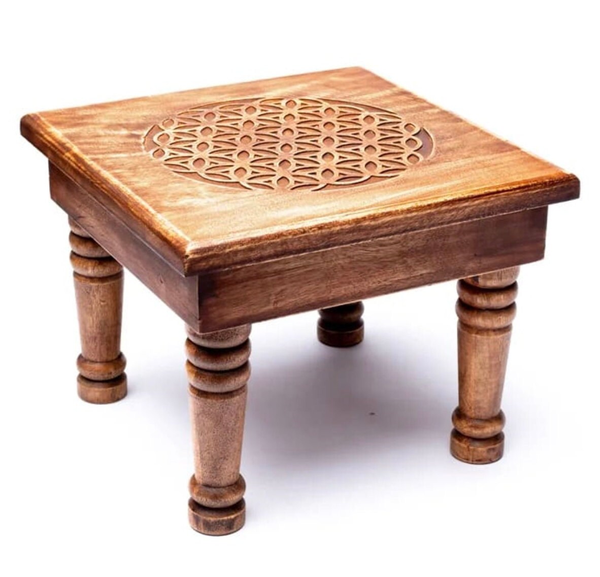 Table d'appoint/ Autel, en bois d'acacia avec motifs 'Fleur ou Arbre de vie', 30x30x23 cm/ 2250gr. - Haute qualité des garvures de symboles !