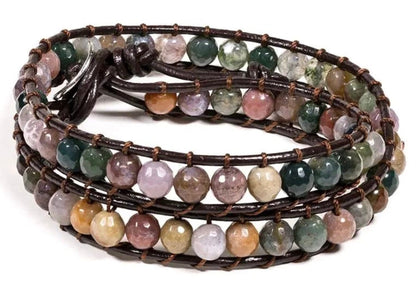 Bracelet en cuir multi-rang (2 tours), 87 perles d'Agate de 6mm - 27 cm de long - 46 gr. Disponible de 17 à 21 cm !