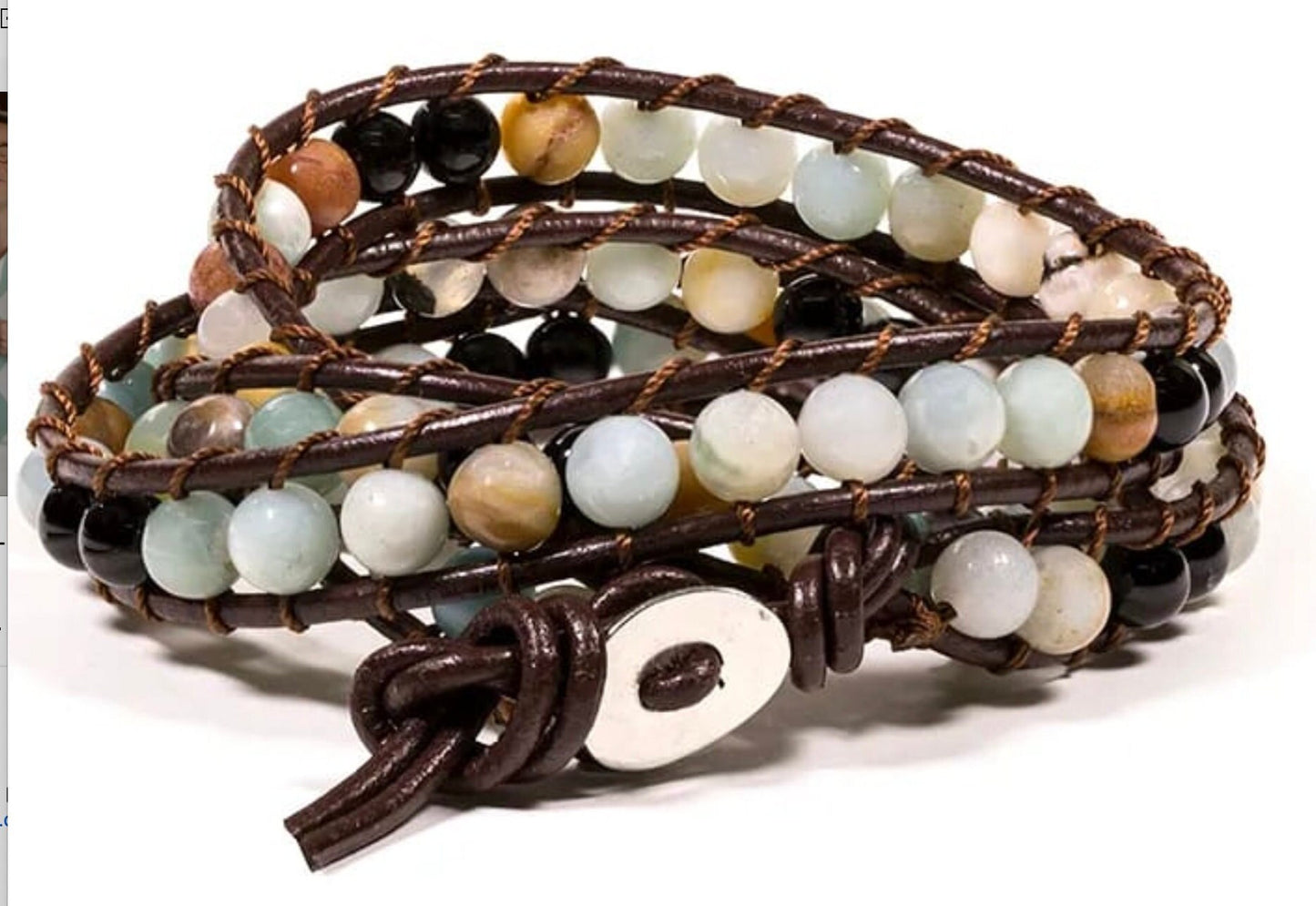Bracelet en cuir multi-rang (2 tours), 87 perles d'Agate de 6mm - 27 cm de long - 46 gr. Disponible de 17 à 21 cm !