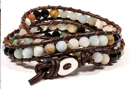 Bracelet en cuir multi-rang (2 tours), 87 perles d'Agate de 6mm - 27 cm de long - 46 gr. Disponible de 17 à 21 cm !