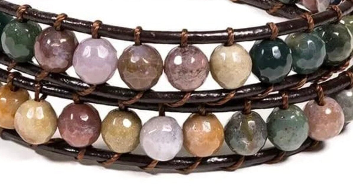 Bracelet en cuir multi-rang (2 tours), 87 perles d'Agate de 6mm - 27 cm de long - 46 gr. Disponible de 17 à 21 cm !