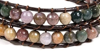 Bracelet en cuir multi-rang (2 tours), 87 perles d'Agate de 6mm - 27 cm de long - 46 gr. Disponible de 17 à 21 cm !