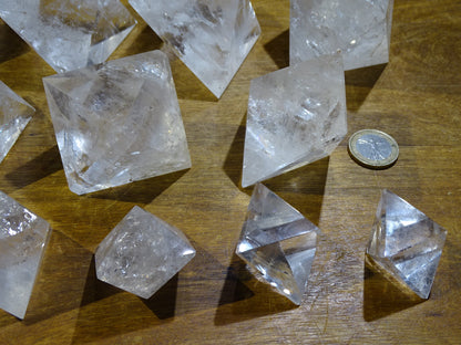 Rock crystal octahedron, one of the 5 Solids/Platonic Solids, size S to XL, sold individually. Piece dimensions: approximately 1.5 to 6 cm. Grade A to AAA! Perfect for studying sacred geometry and its applications! 